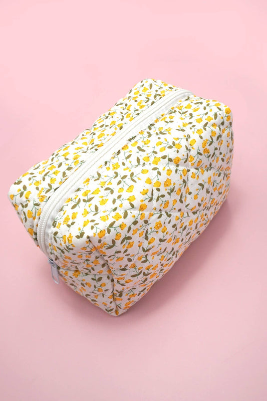 Yellow:  QUILTED COTTON FLORAL COSMETIC POUCH BAG