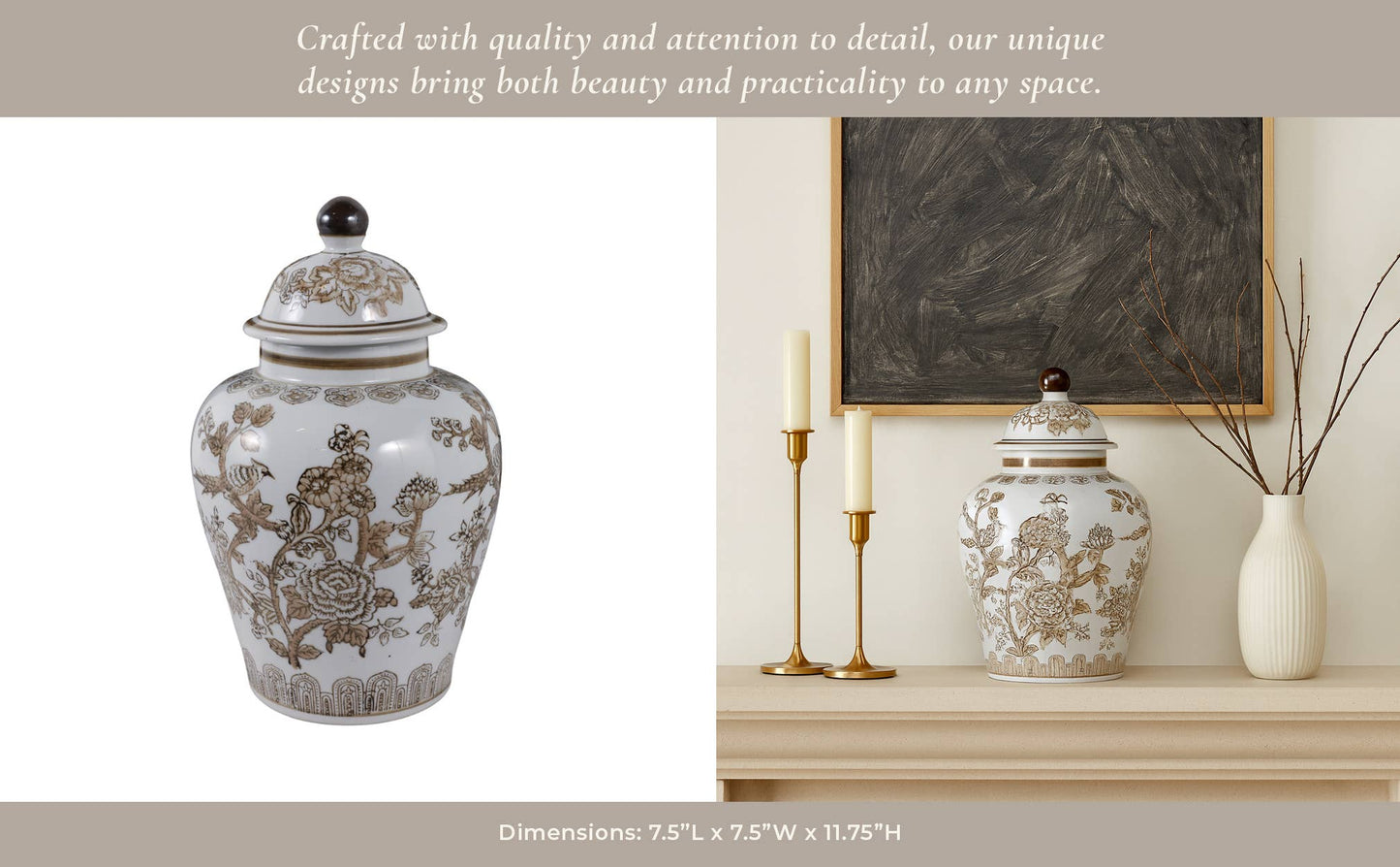 Decorative Jar - Brown/White Ceramic Chinoiserie Bird, 12 in