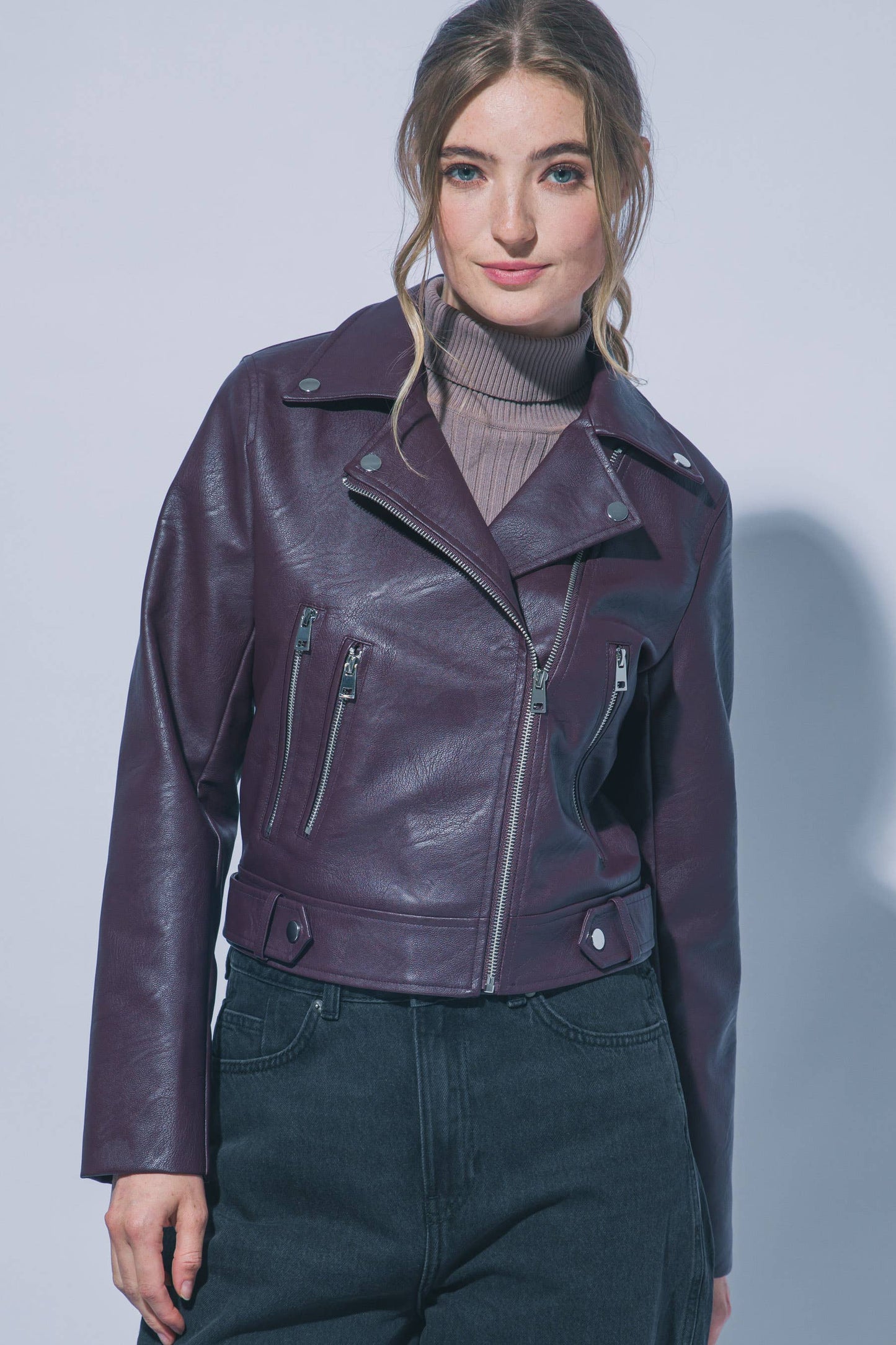 Faux Leather Moto Jacket W/ Asymmetrical Zip Up SI-29109: BLACK-191969 / S
