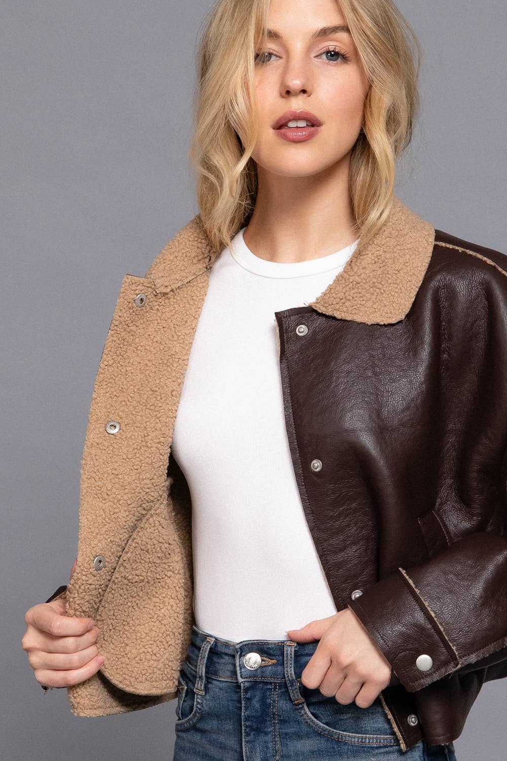 Long Sleeve Faux Leather Inner Fur Jacket: BRN-dark chocolate / L