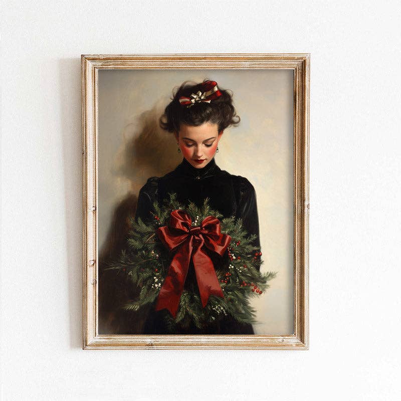 Woman Holding Wreath Christmas Art Print: 11x14