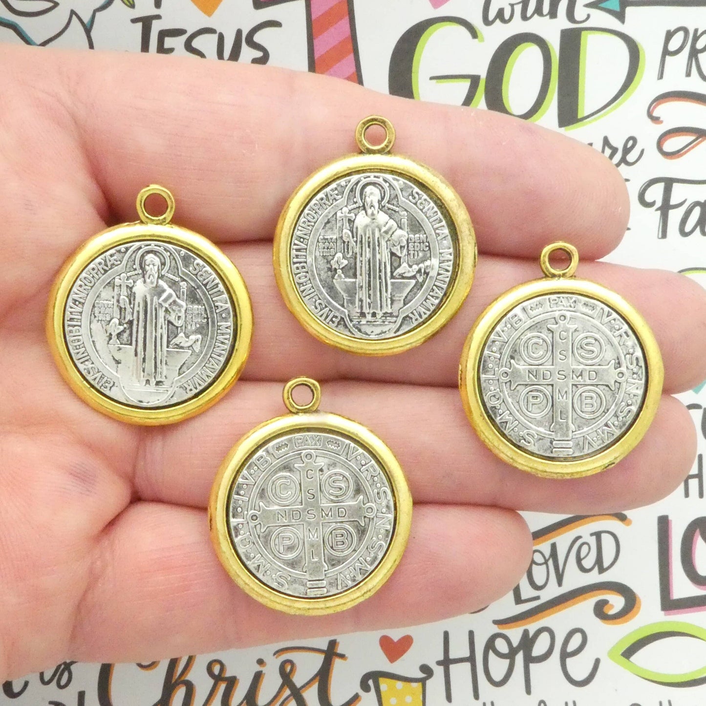 Silver St Benedict Charm in Gold Bezel, 31x27mm Pendant