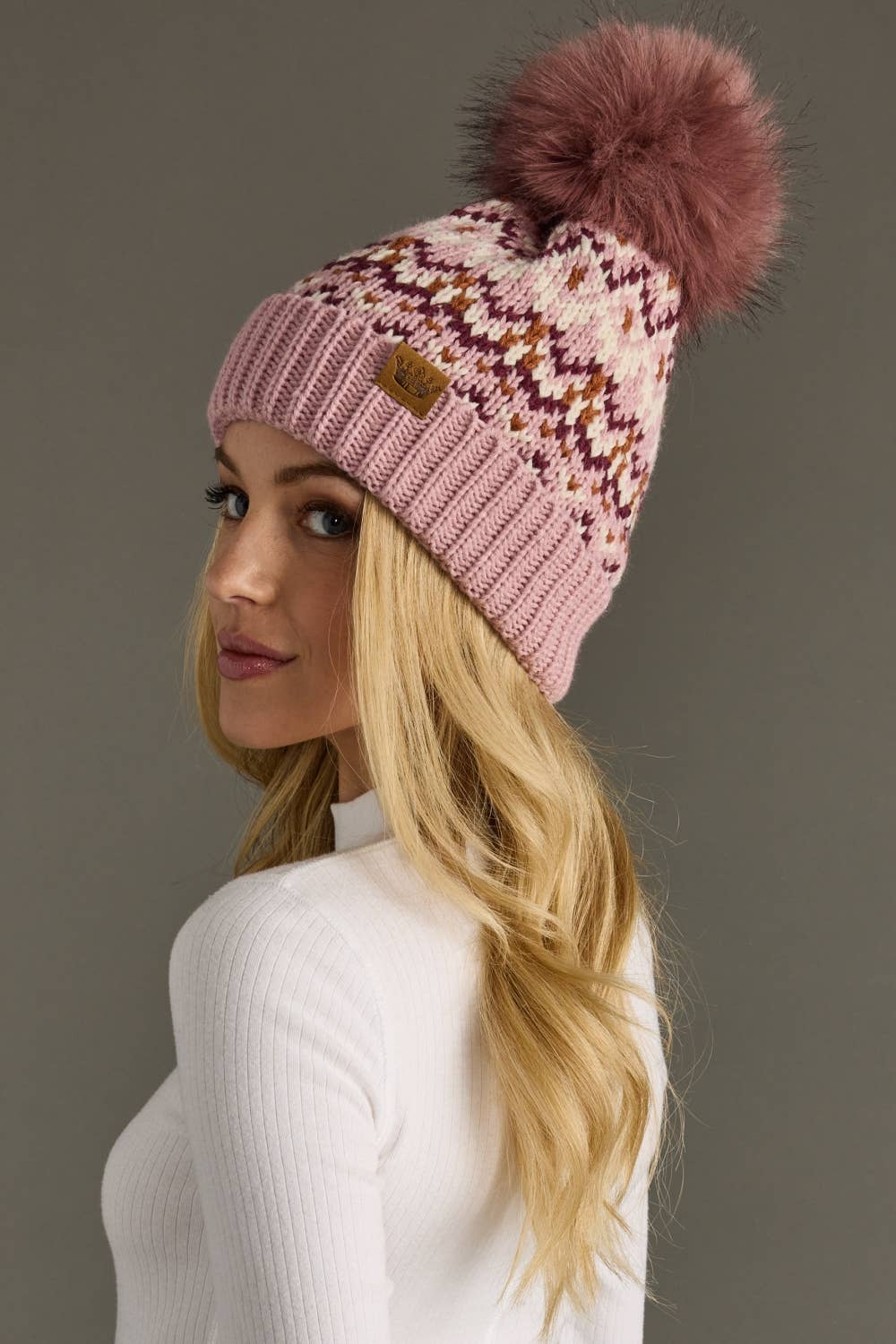Pink, White & Rust Patterned Pom Hat