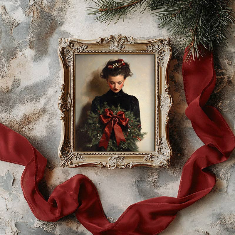 Woman Holding Wreath Christmas Art Print: 11x14