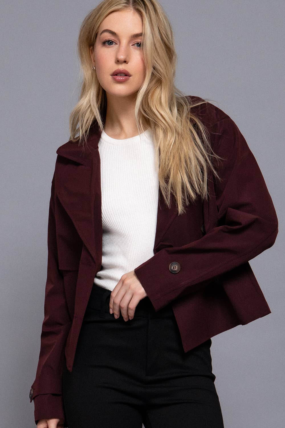 M-Long Sleeve Front Double Breasted Short Trench Jacket: BLK-black