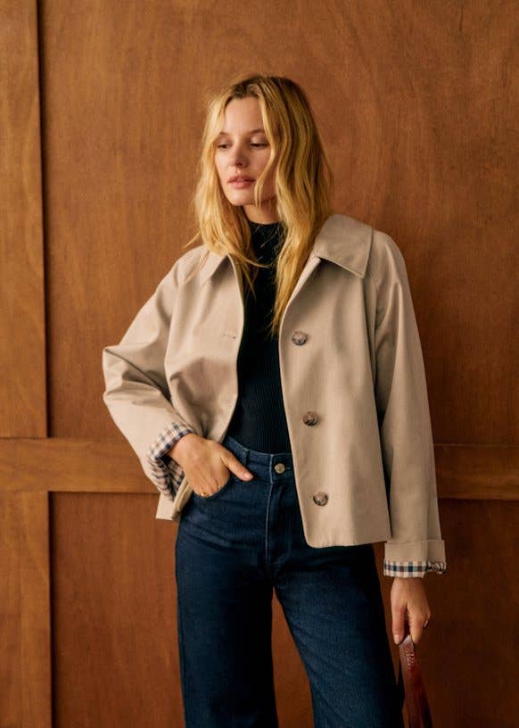 Women's Cropped Trench Jacket Lapel Button Front: Camel / M