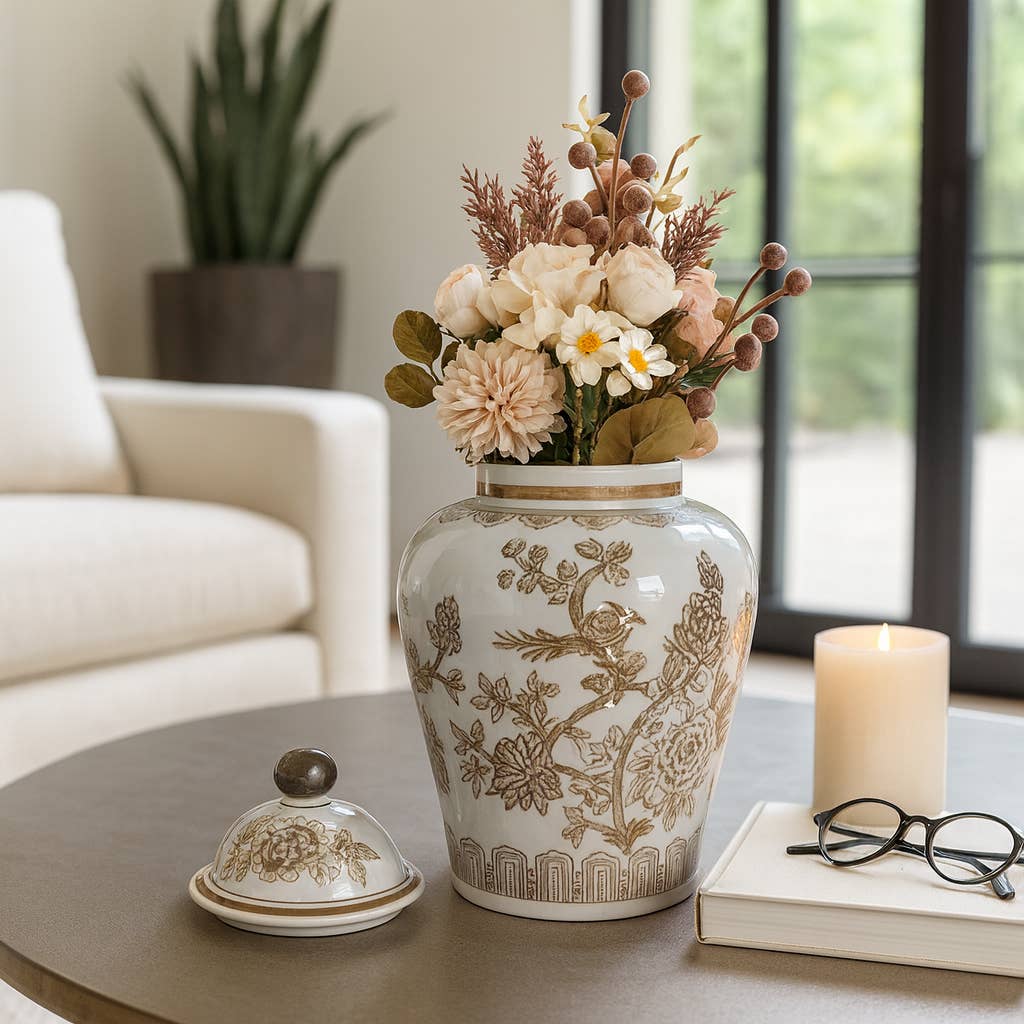 Decorative Jar - Brown/White Ceramic Chinoiserie Bird, 12 in