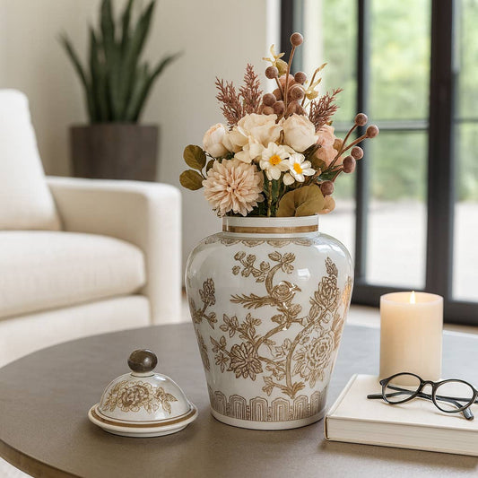 Decorative Jar - Brown/White Ceramic Chinoiserie Bird, 12 in