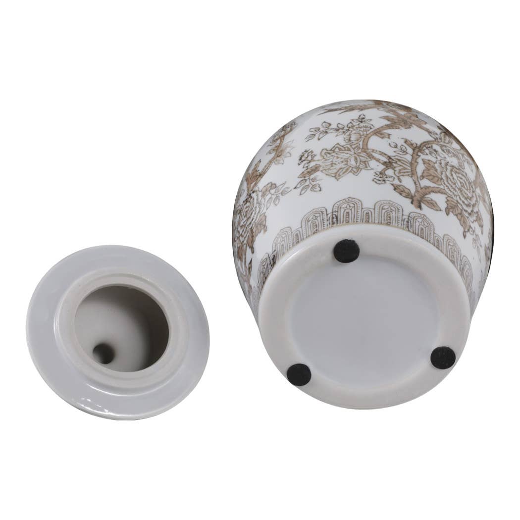 Decorative Jar - Brown/White Ceramic Chinoiserie Bird, 12 in