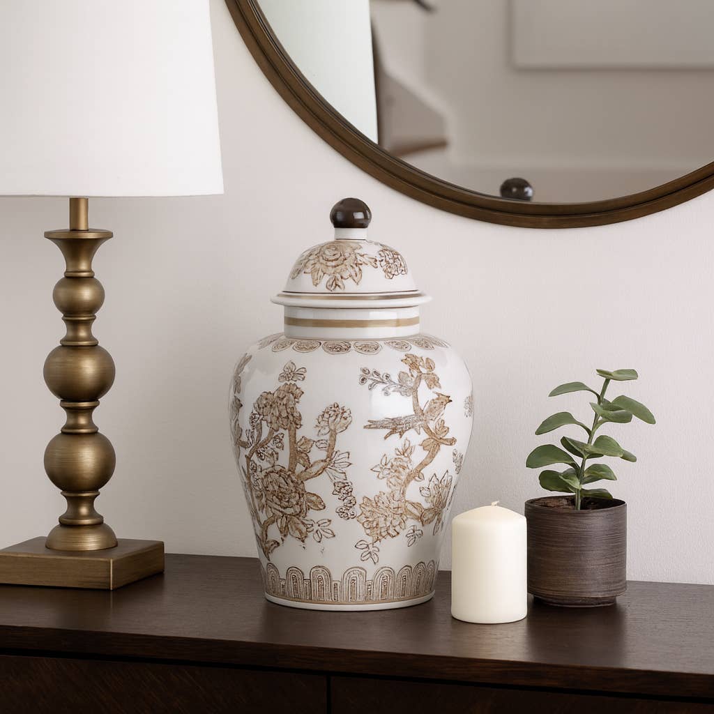 Decorative Jar - Brown/White Ceramic Chinoiserie Bird, 12 in