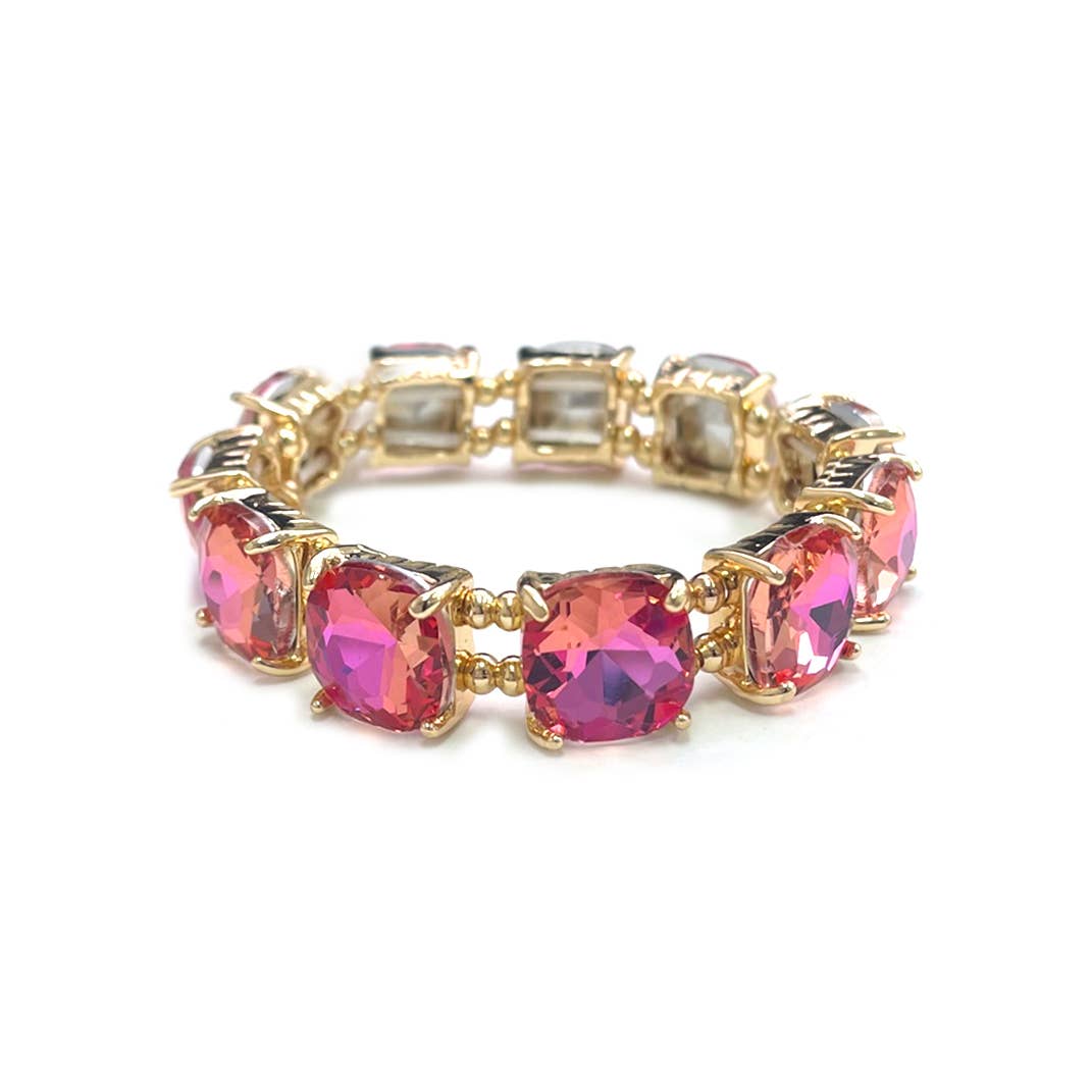 Cushion Cut Glass Crystal Linked Stretch Bracelet: MINT-AB