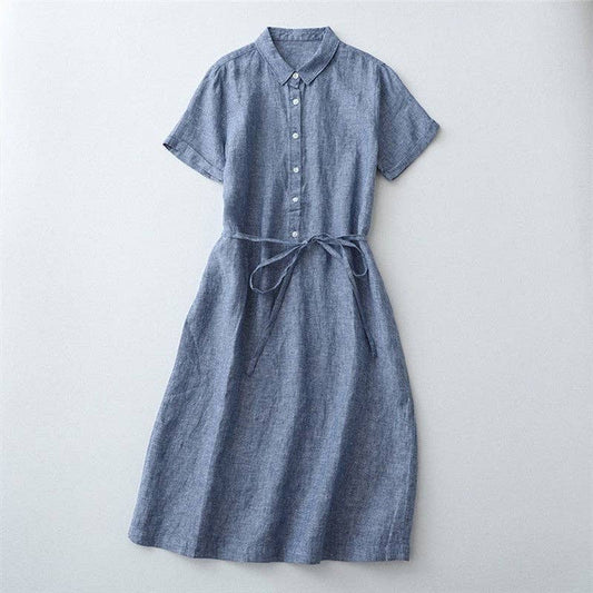 Half-Opening Buckle Waist Frenulum Polo Collar Mid Length Dress: DEEP SKY BLUE / L