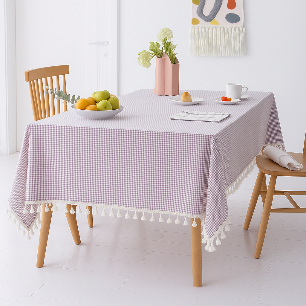 Purple Gingham Plaid Tasseled Cotton Tablecloth: 56"x80"