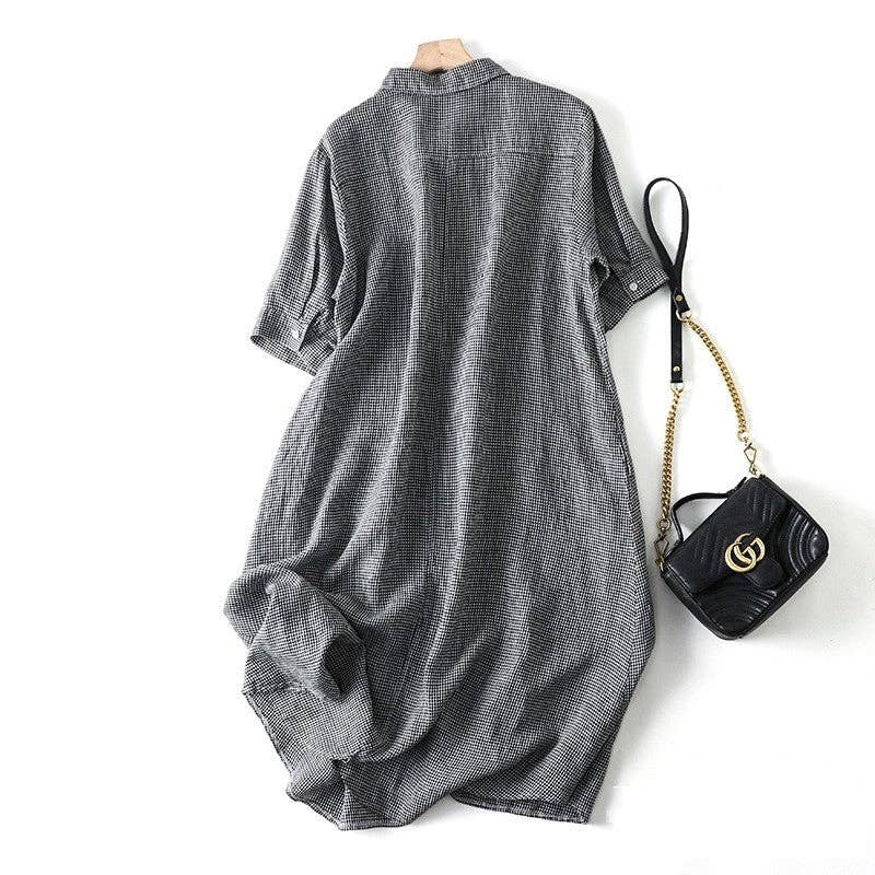 Short Sleeve Lapel A-Line Ramie Cotton Casual Retro Dress: BLACK / XL
