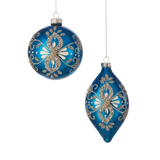 blue 6" GLS W/JWL BALL/FINIAL ORNAMENT