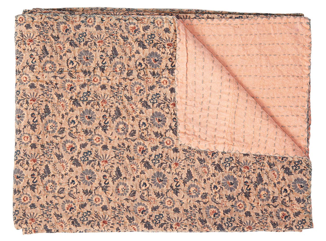 50" X 70" Peach And Gray Floral Cotton Quilted Kantha Throw Blanket with Embroidery: Magenta / Purple / Pink / Cotton - 50"x70"