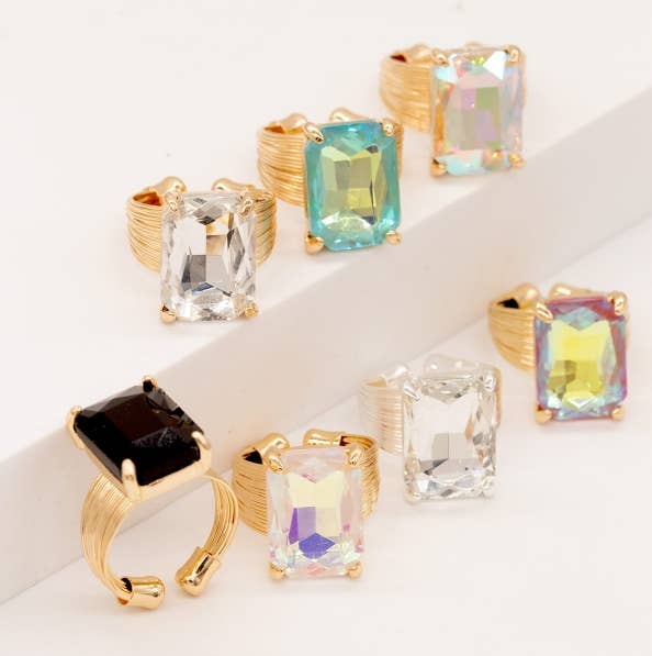 Square Glass Cushion Cut Cocktail Adjustable Wire Ring: GREEN-AB