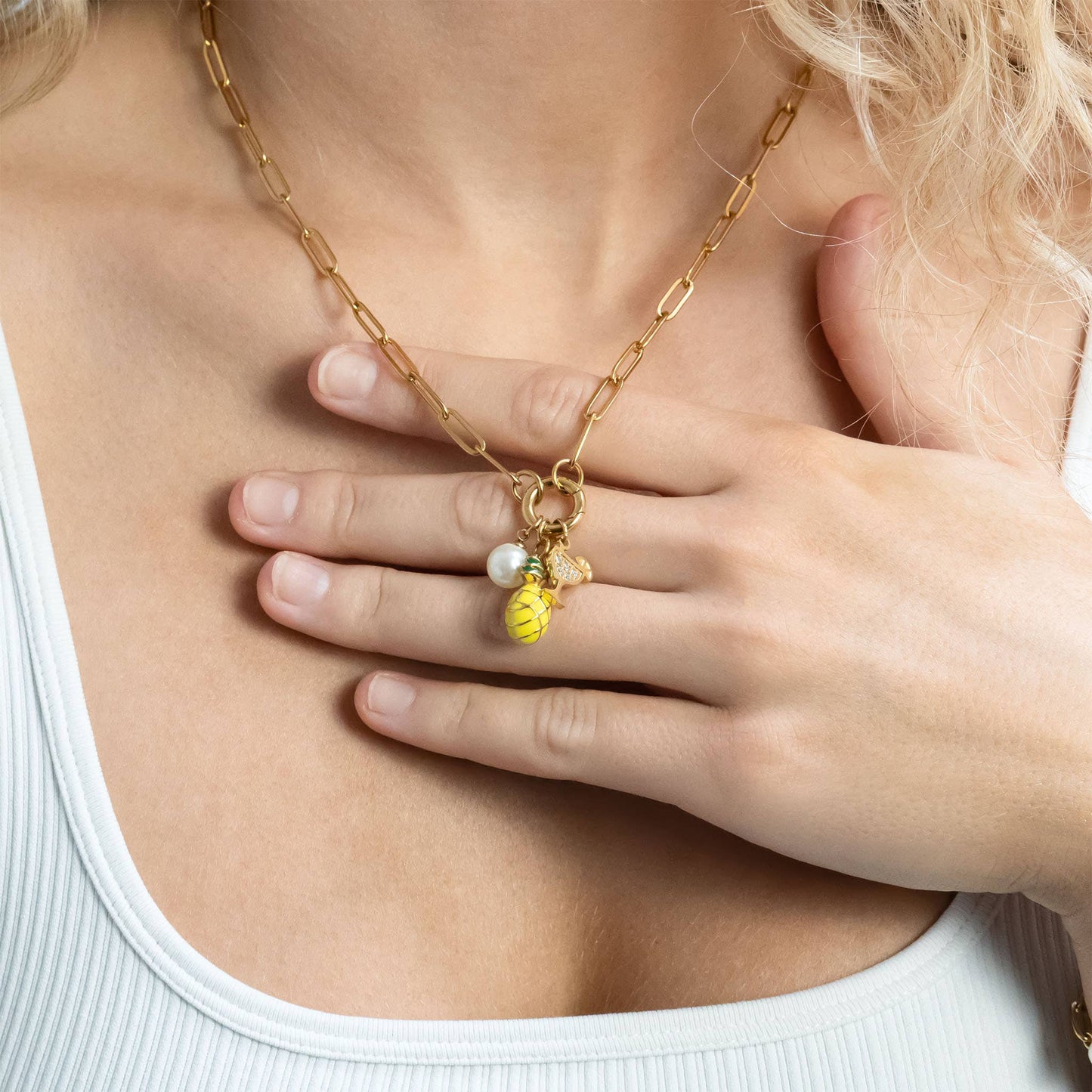 Stainless Steel Paperclip Carabiner Charm Holder Necklace: Gold / 18"+2"