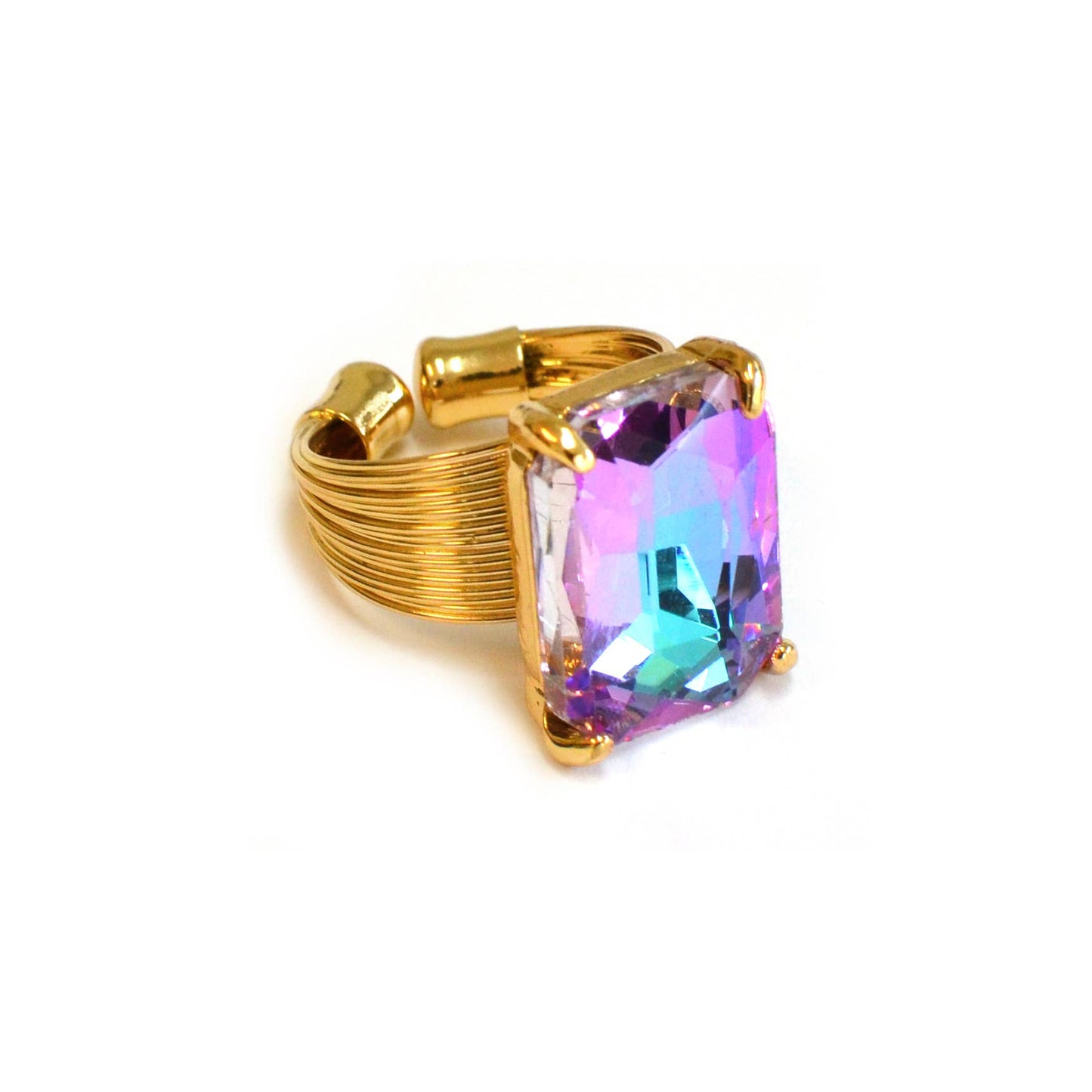 Square Glass Cushion Cut Cocktail Adjustable Wire Ring: GREEN-AB
