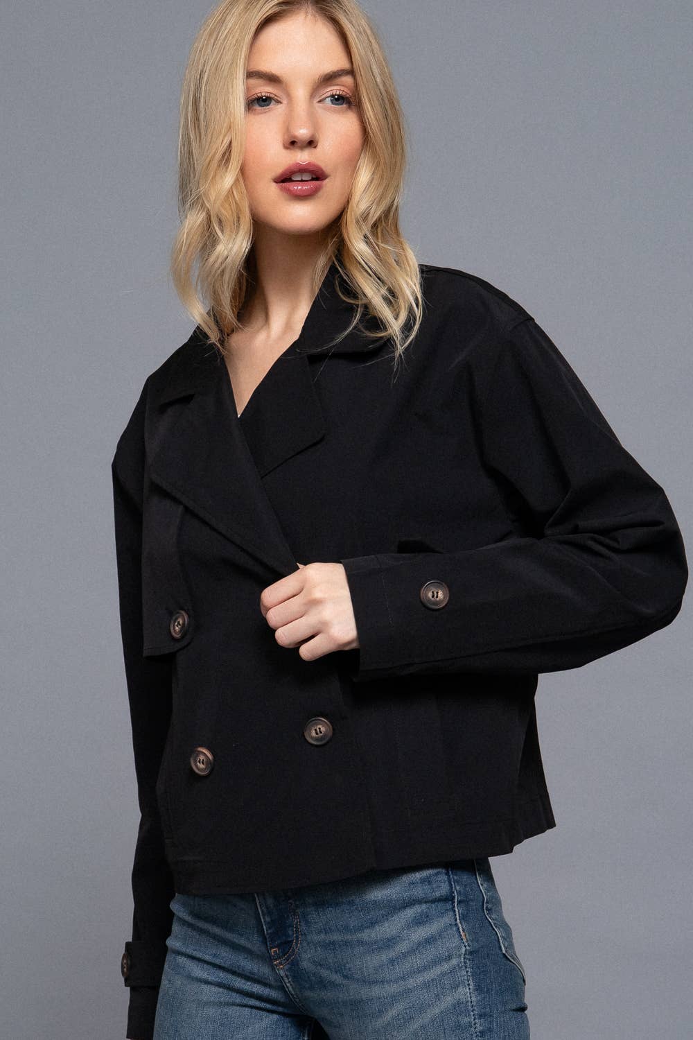 Long Sleeve Front Double Breasted Short Trench Jacket: BLK-black / L
