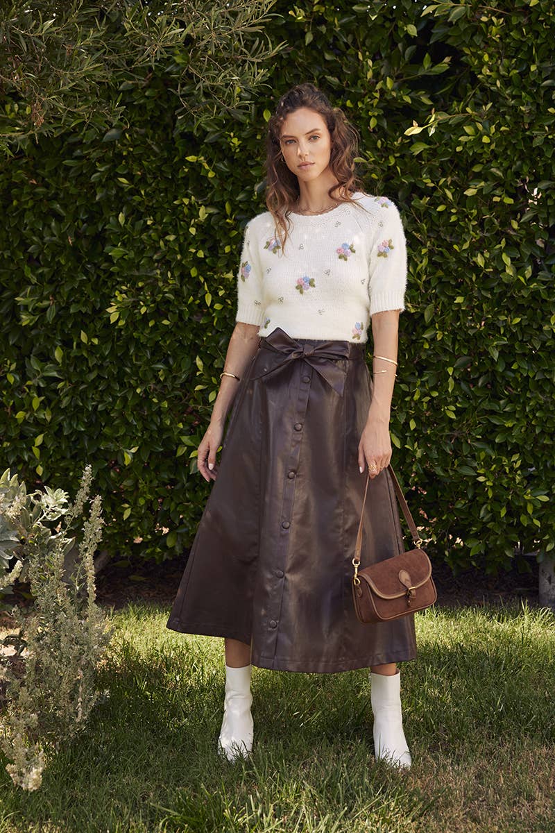 VEGAN LEATHER BELTED BUTTON-FRONT A-LINE MIDI SKIRT: BLACK / M