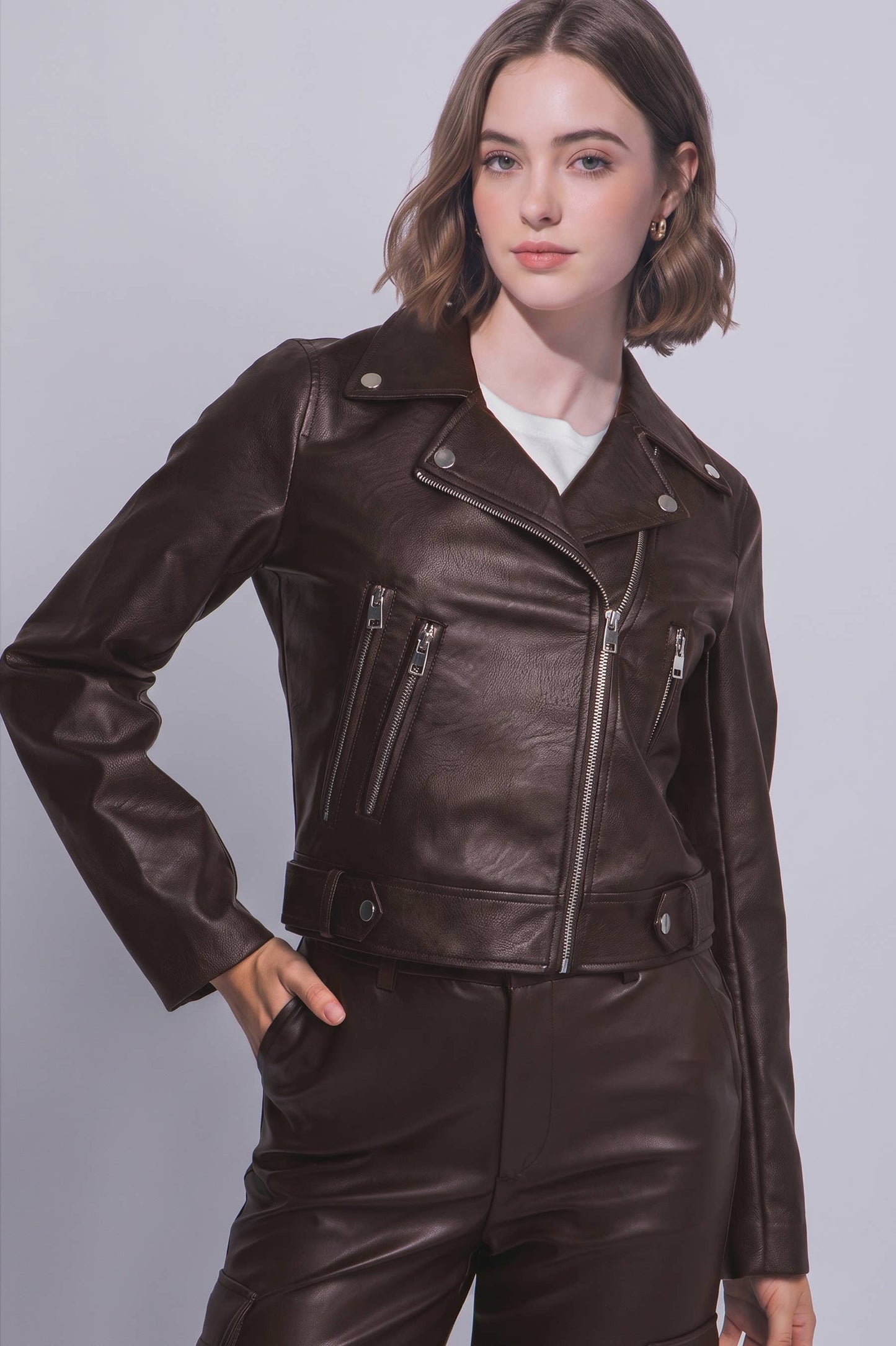 Faux Leather Moto Jacket W/ Asymmetrical Zip Up SI-29109: BLACK-191969 / L