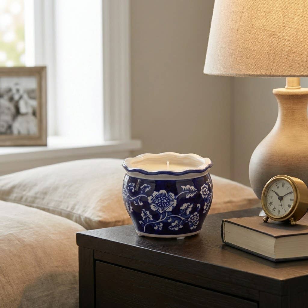 Candle - Blue/White Ceramic Chinoiserie Peony, 7 Oz