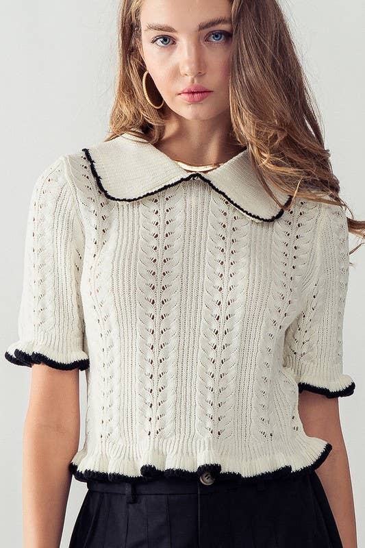 OFF WHITE:CROCHET KNIT SHORT SLEEVE TOP
