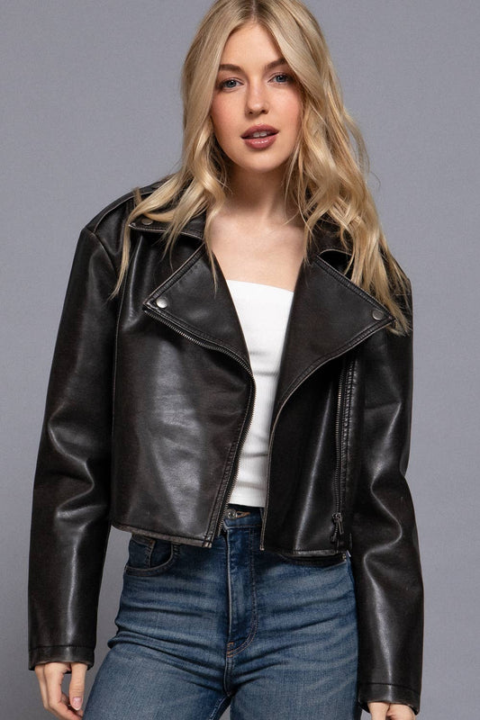 Long Sleeve Vintage Wash Faux Leather Crop Moto Jacket: BLK-black / S
