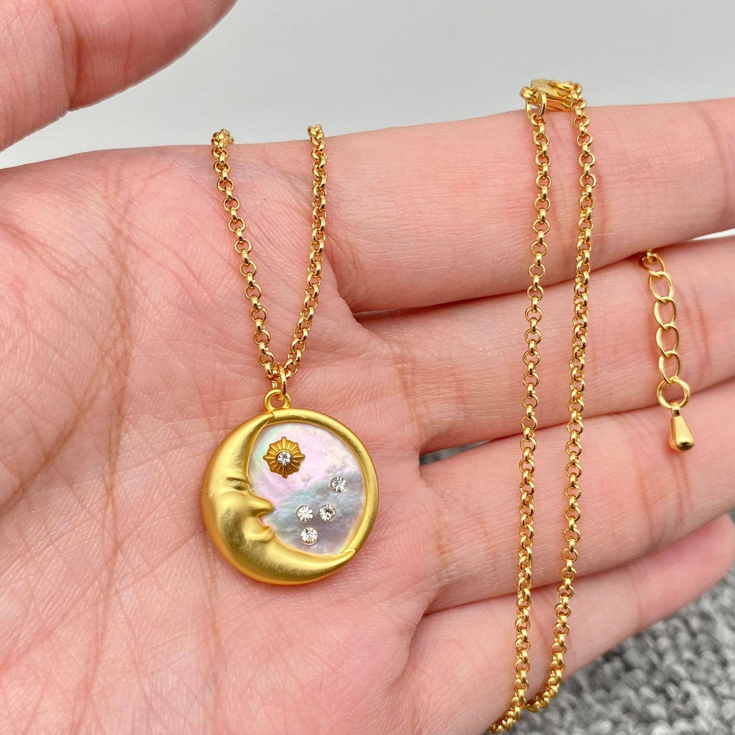 MS - Inlaid CZ & Shell 18K Gold Plated Moon Charm Necklace
