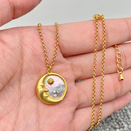 MS - Inlaid CZ & Shell 18K Gold Plated Moon Charm Necklace