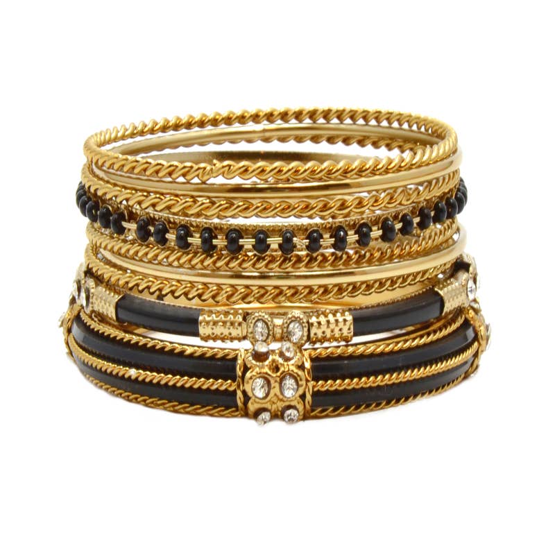 Indian Bangle 11pc black resin crystals in gold