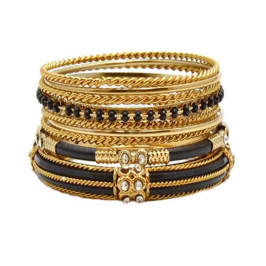 Indian Bangle 11pc black resin crystals in gold
