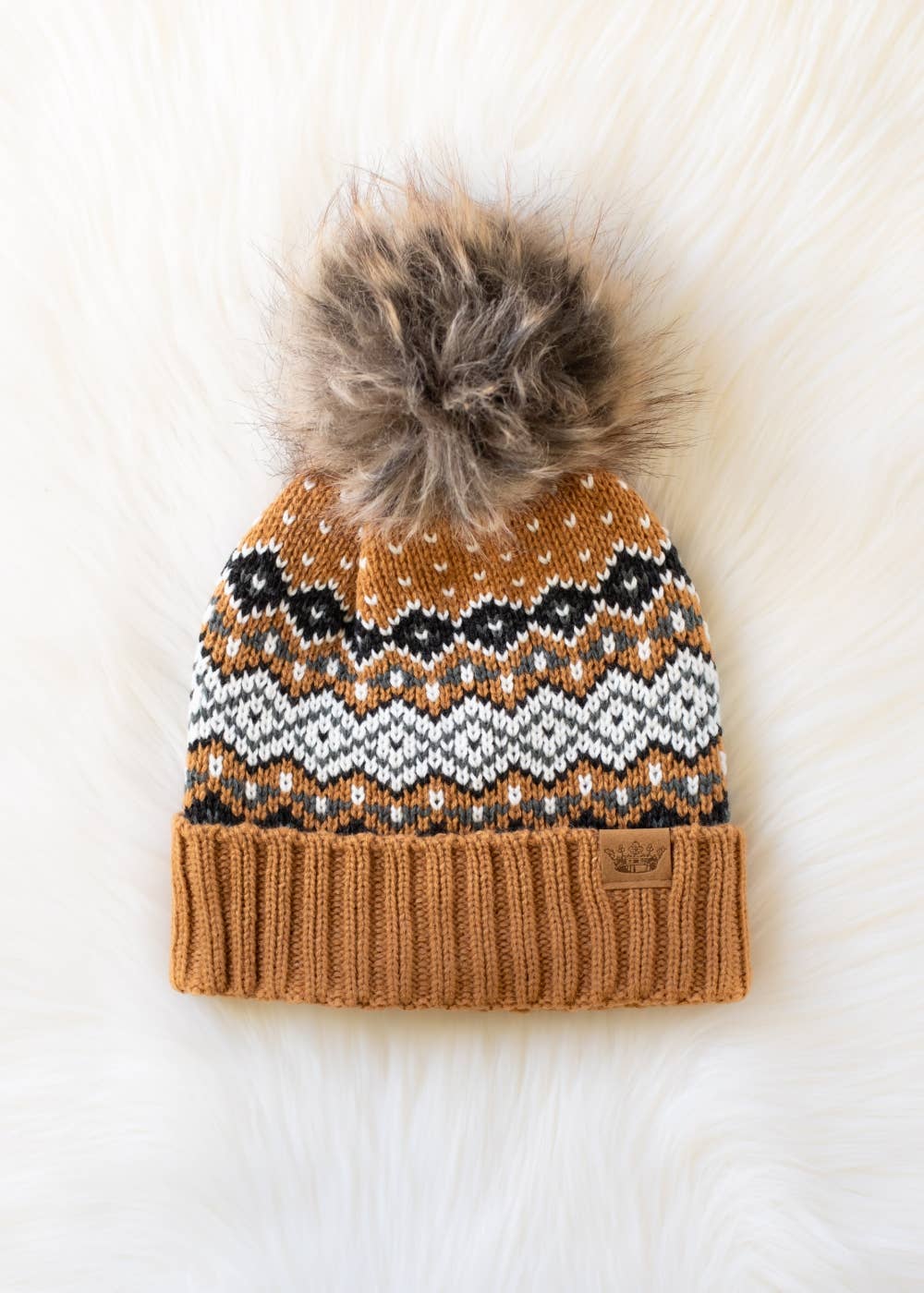 Camel, Black, White & Blue Patterned Pom Hat