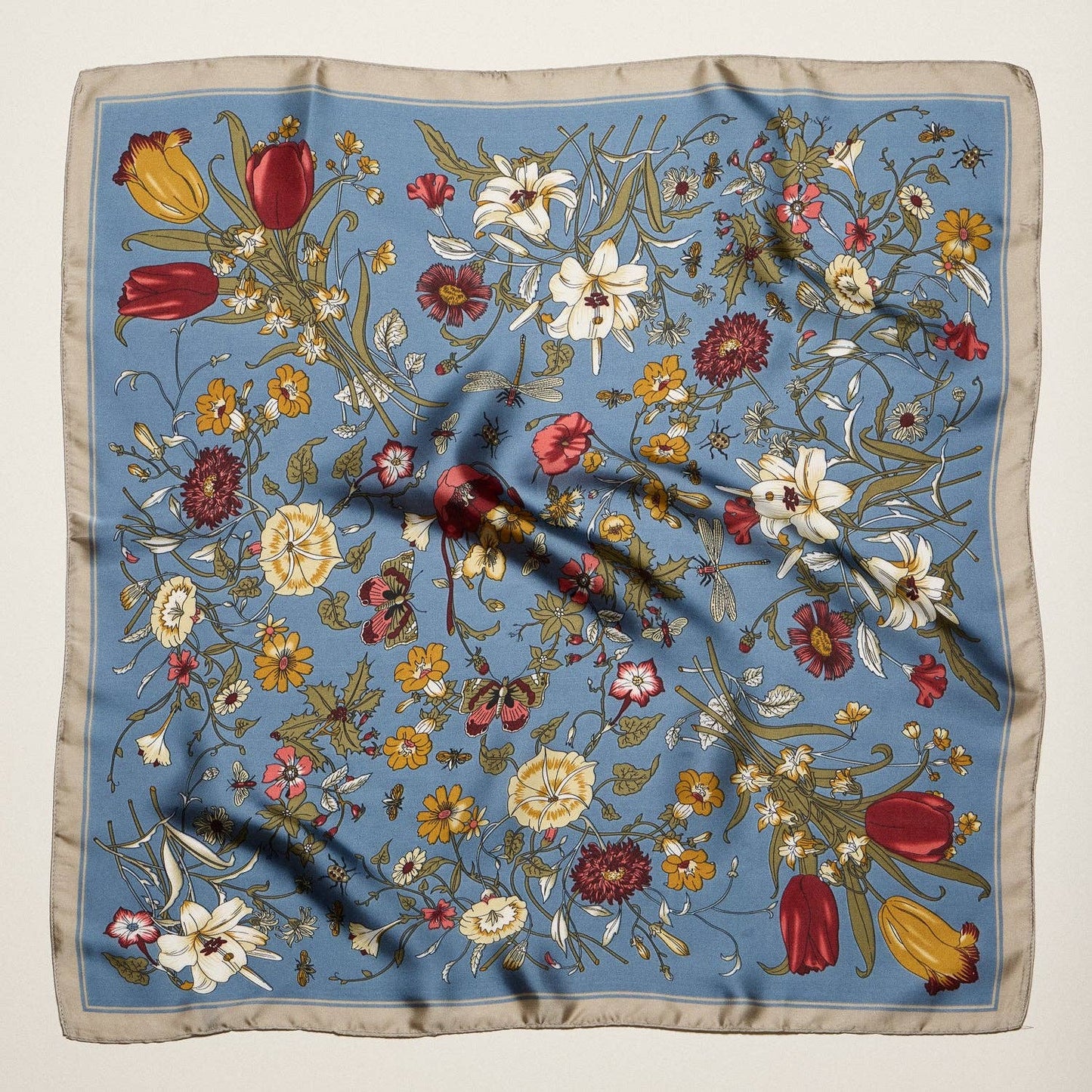 Vintage Botanical Floral Square Scarf | Elegant Garden Print Satin Neck & Hair Scarf: BL / ONE