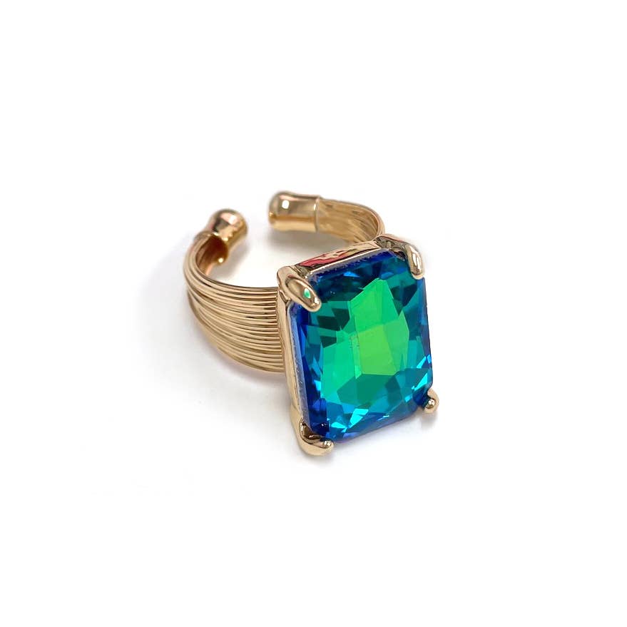 Square Glass Cushion Cut Cocktail Adjustable Wire Ring: GREEN-AB
