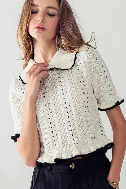 OFF WHITE:CROCHET KNIT SHORT SLEEVE TOP