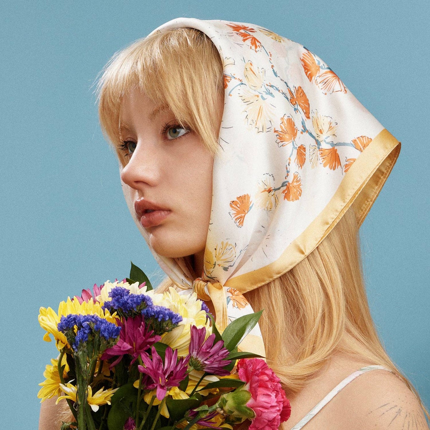 Delicate Floral Branch Square Scarf | Soft Botanical Print Silk-Feel Scarf: BK / ONE