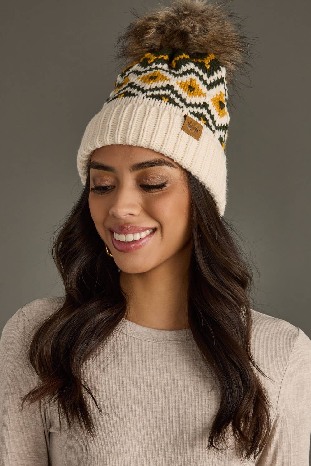 Cream, Olive & Mustard Patterned Pom Hat