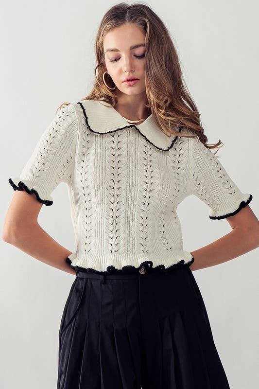 OFF WHITE:CROCHET KNIT SHORT SLEEVE TOP