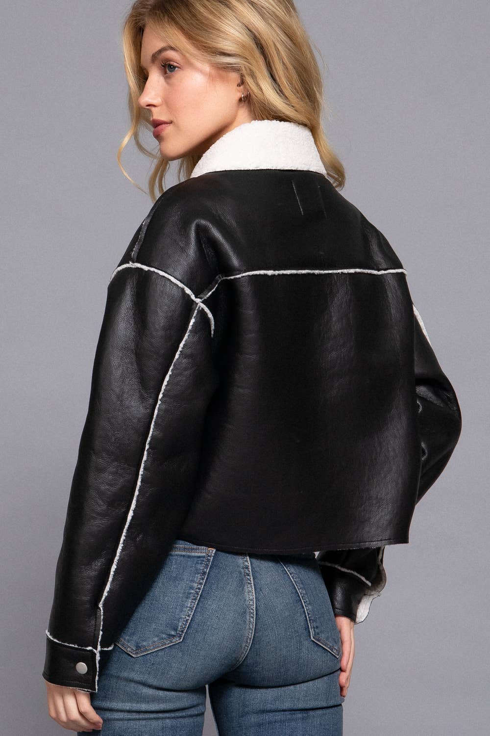 Long Sleeve Faux Leather Inner Fur Jacket: BLK-black / S
