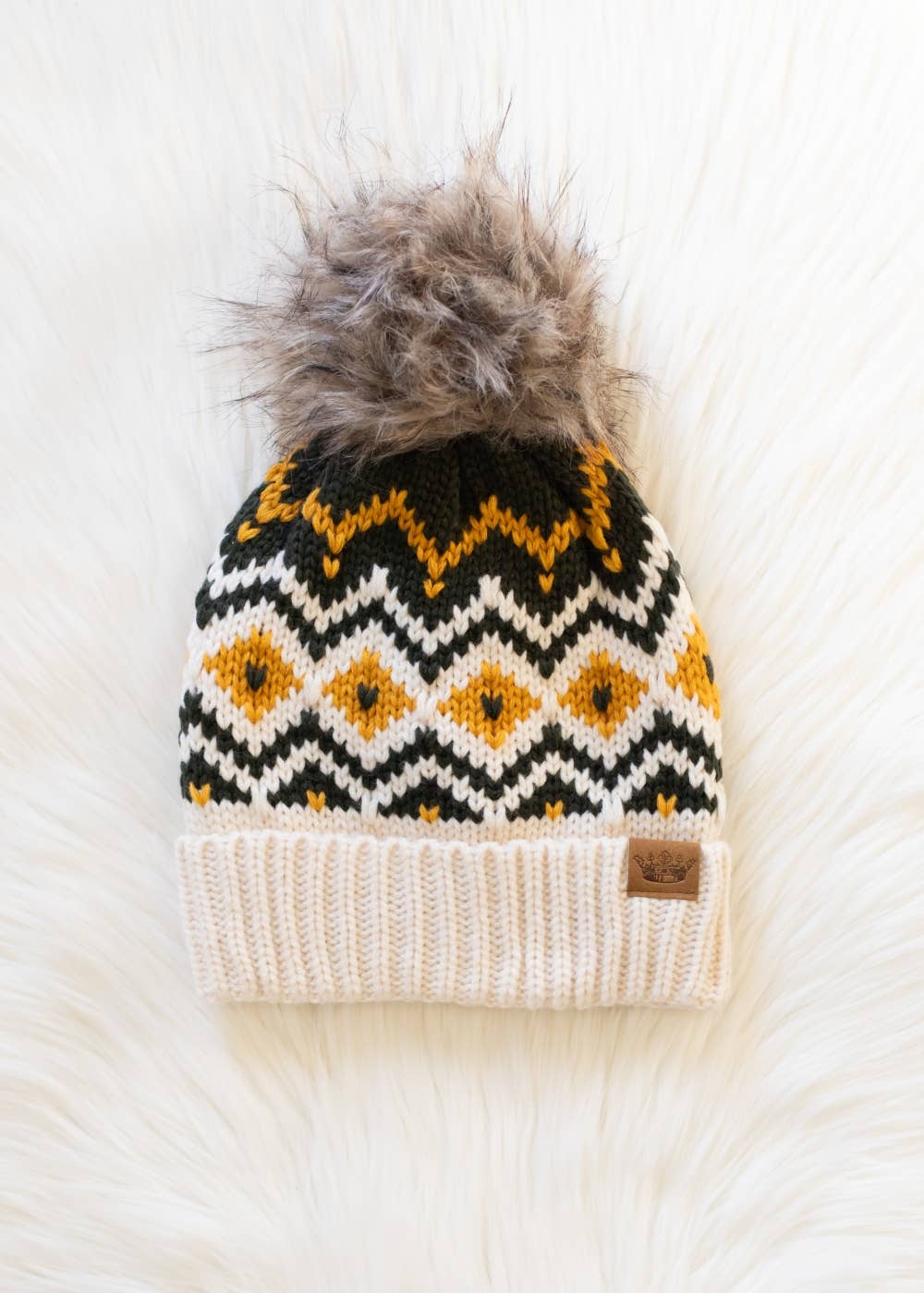 Cream, Olive & Mustard Patterned Pom Hat