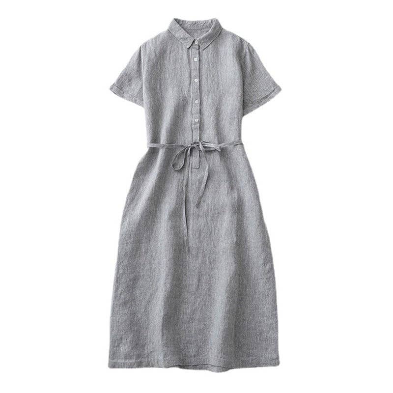 Half-Opening Buckle Waist Frenulum Polo Collar Mid Length Dress: DEEP SKY BLUE / L