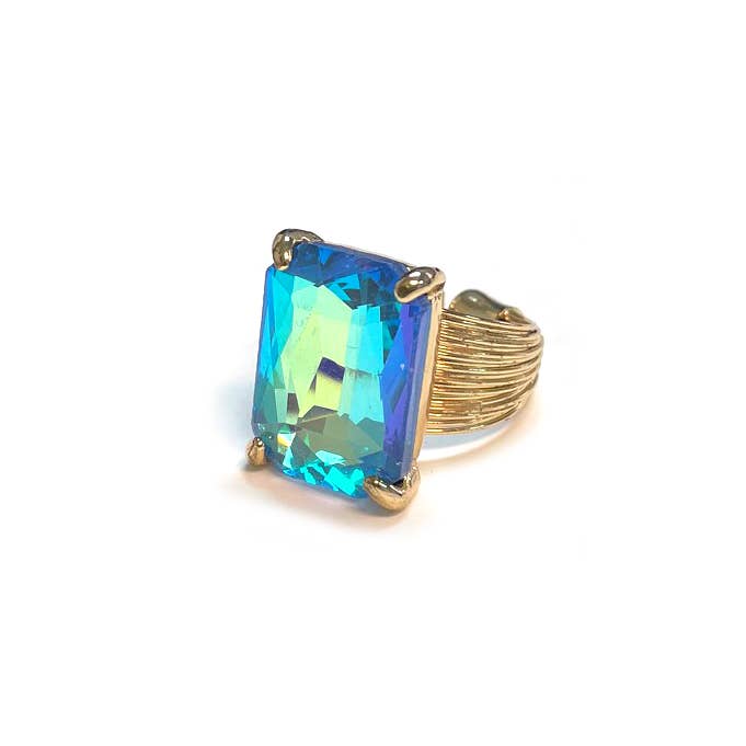 Square Glass Cushion Cut Cocktail Adjustable Wire Ring: GREEN-AB