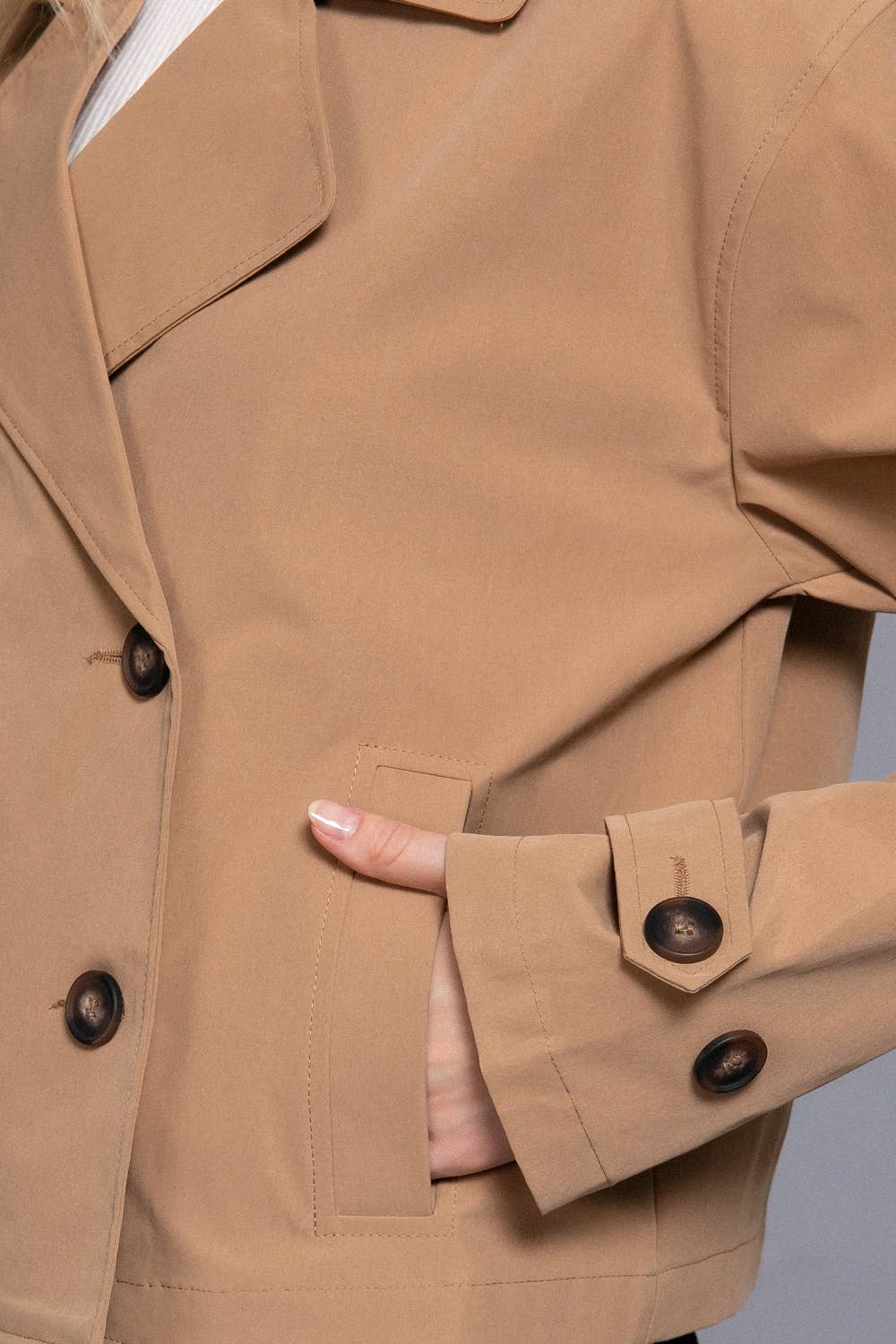 M-Long Sleeve Front Double Breasted Short Trench Jacket: BLK-black