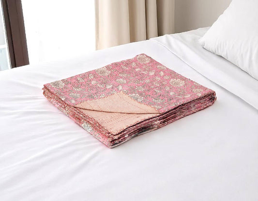 50" X  70" Pink And Blush Floral Cotton Quilted Kantha Throw Blanket with Embroidery: 50"x70"
