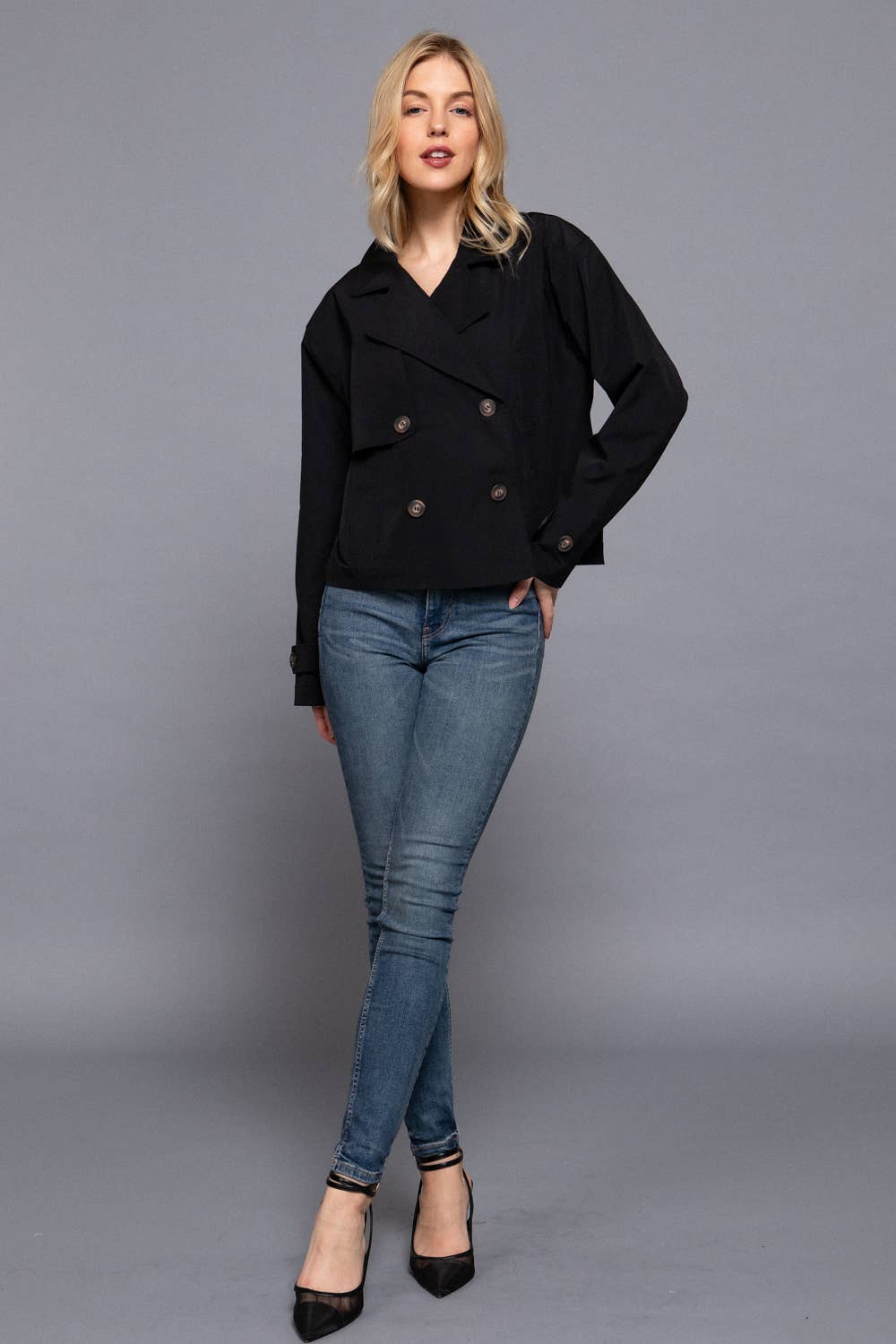 S-Long Sleeve Front Double Breasted Short Trench Jacket: BLK-black