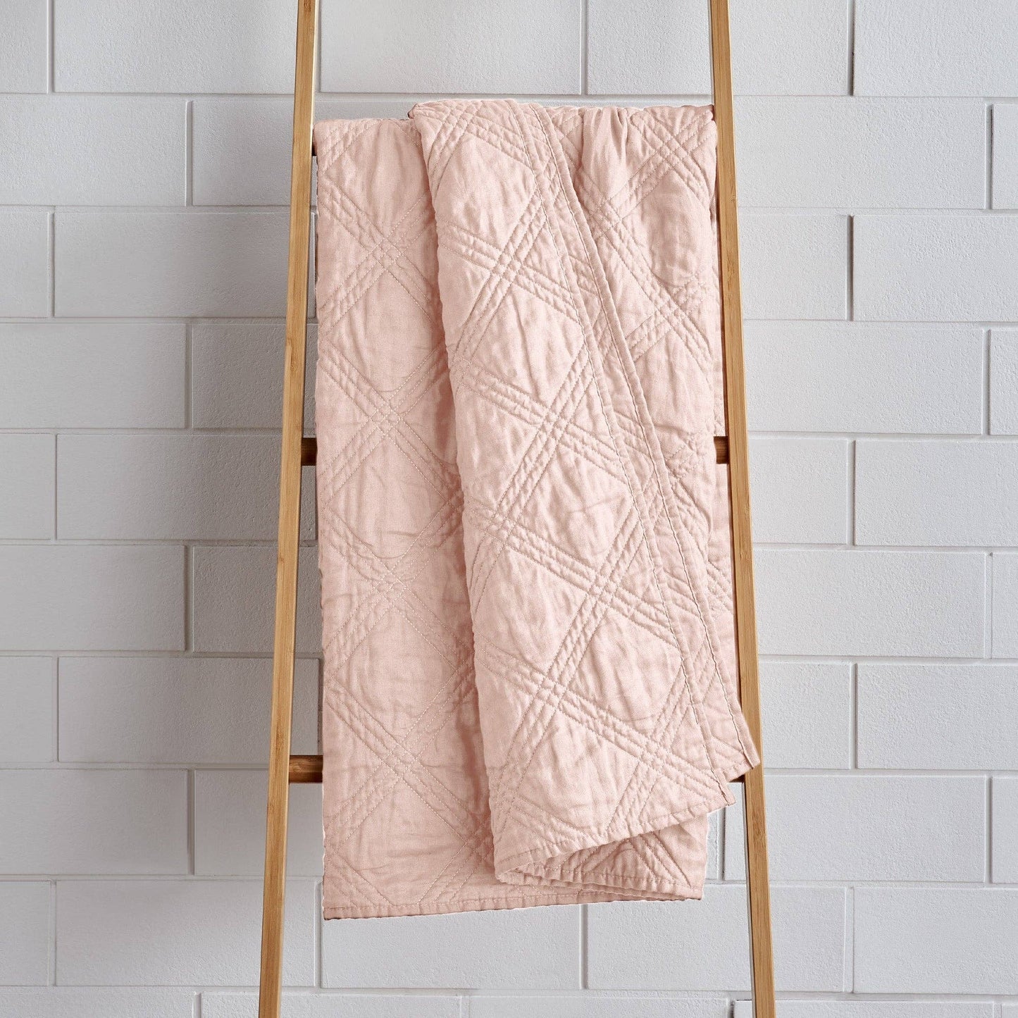 French Flax Washed Linen Quilted Throw: Blush
