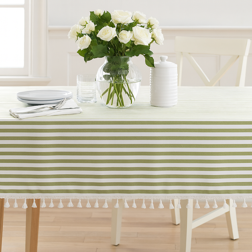 Green Rustic Simply Striped Tasseled Cotton Blend Tablecloth: 55"X80"