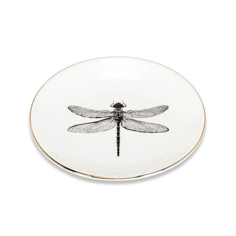 Dragonfly Trinket Holder with Gold Rim-5"D